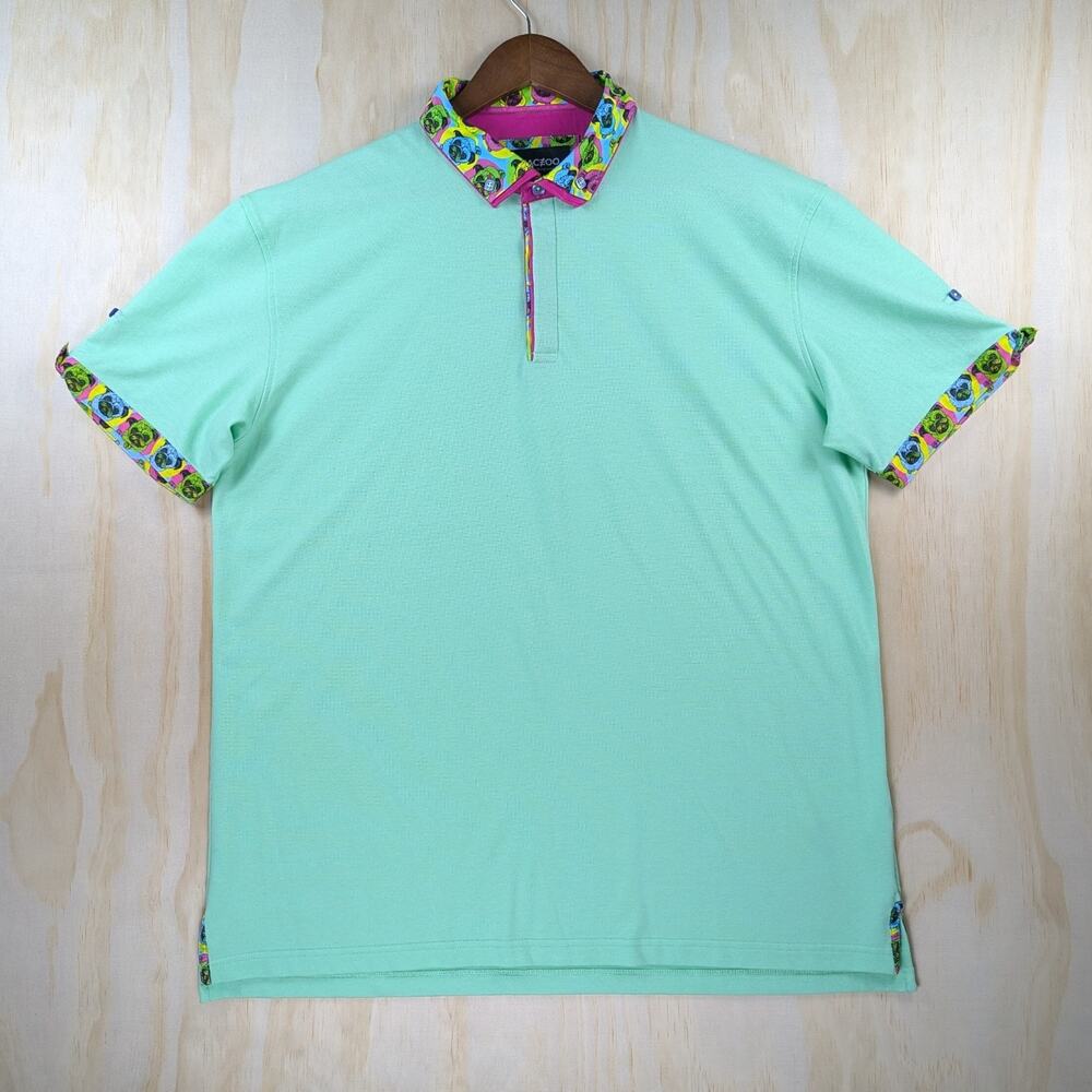 Maceoo Men's XXL Polo Mozart Solid Green Pug Dog Print Contrast Trim Stretch